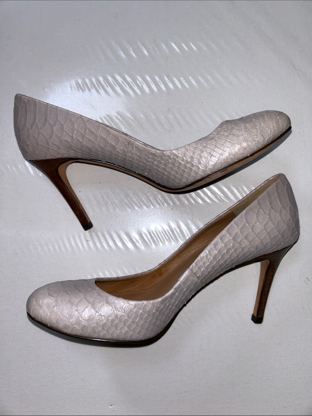 NWOB Ann Taylor Classic Almond-Toe Snakeskin Texture High Heels in Light Taupe